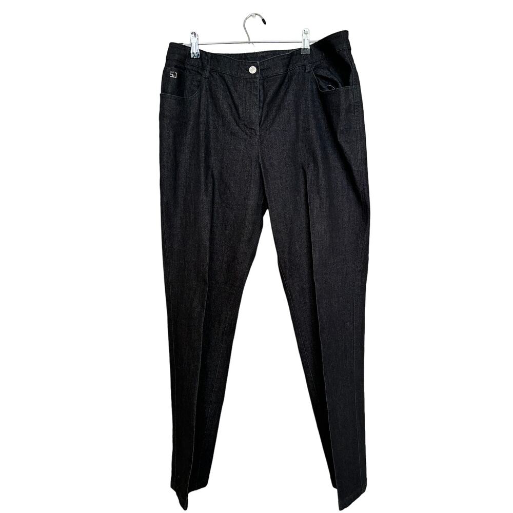 St. John Black Jeans Denim with Gold Logo Crease Pleated‎ Pants Women's Size 12